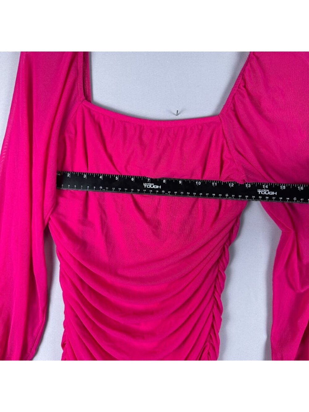 Fashion Womens Ruched Bodycon Mini Cocktail Dress Size M Puff Sleeve Hot Pink - Picture 10 of 14